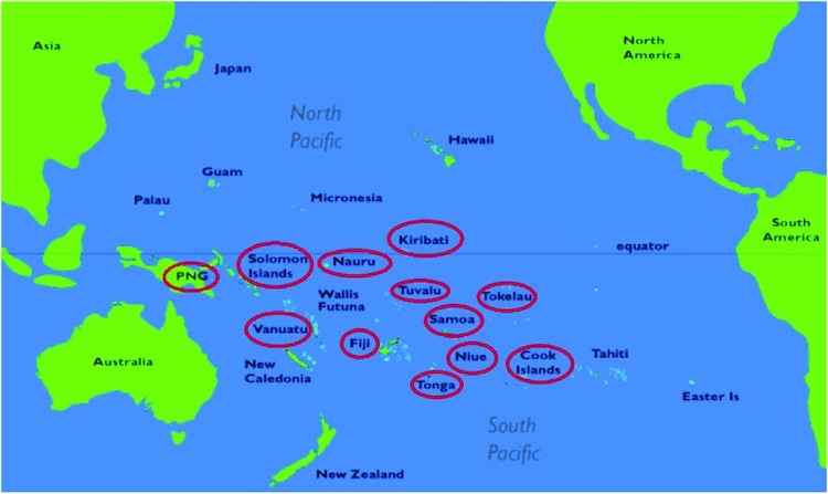 Image: Map of the South Pacific Island region with the participating countries circled. Source: Sabera Turkmani | ResearchGate 